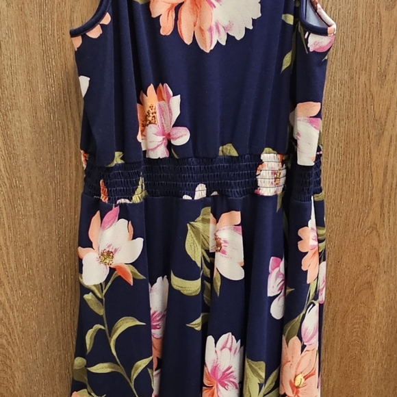 Floral Navy Blue Sleeveless Dress Size 18 Scarf Drape Hem - Picture 2 of 10